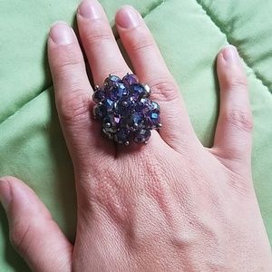 Purple beaded adjustable silver ring